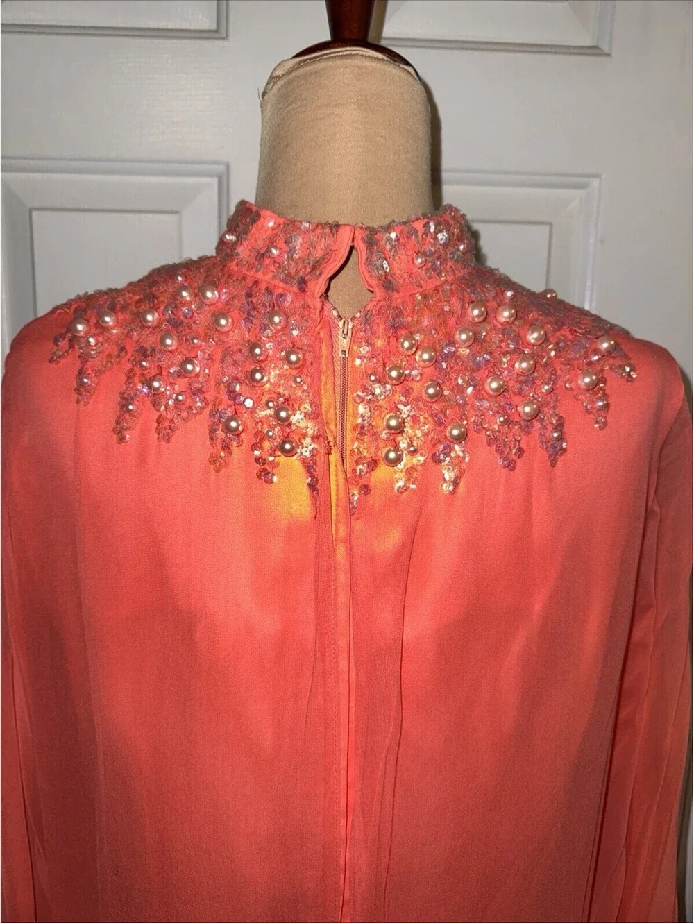 Vintage 1970's Dress Unbranded Coral Embellished High Neck  Chiffon Bell Sleeves